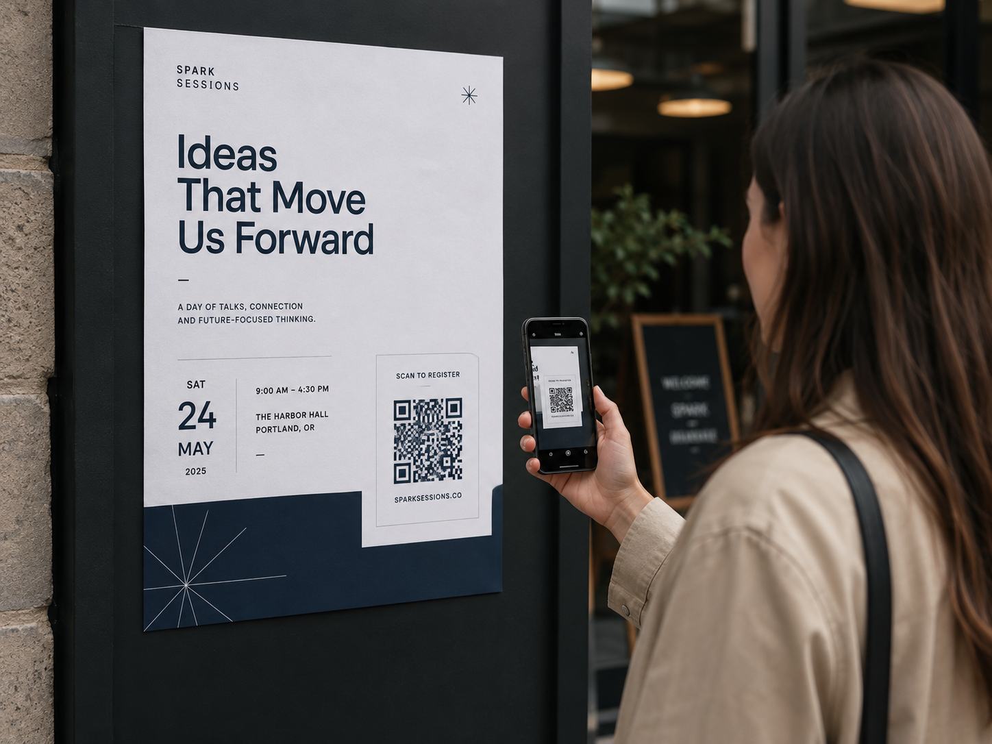 Event poster QR code scanned with a phone